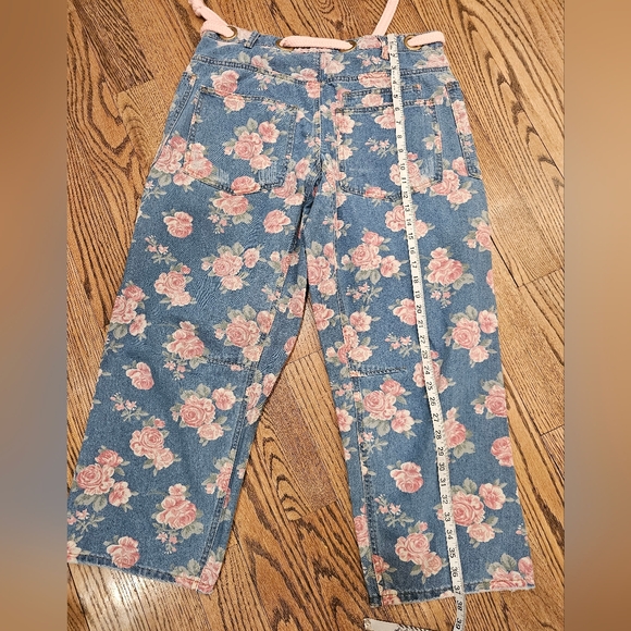 Bibi Washed Floral Denim Wide Leg Pants with Pink Accents - Picture 7 of 7